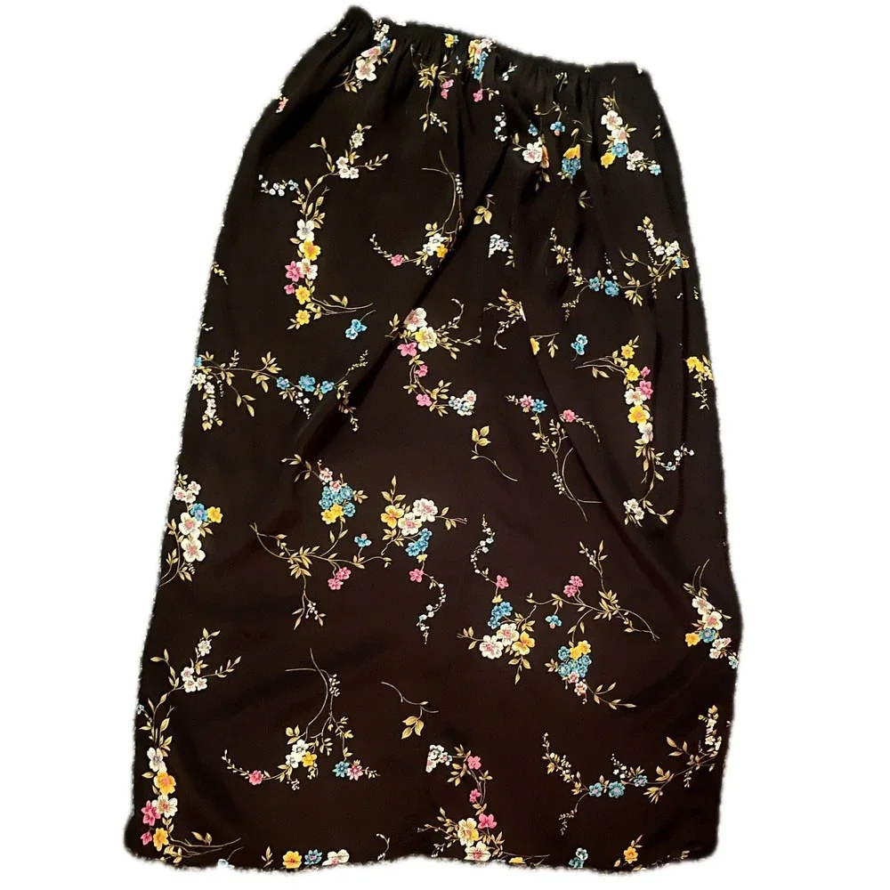 Vintage 90s Black Floral Elastic Maxi Skirt Boho Sprig Print Sz M Western Prarie